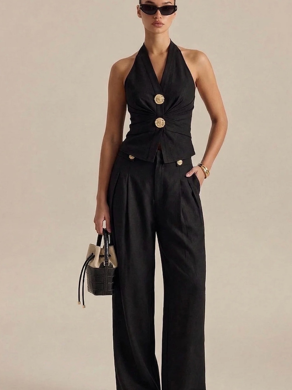 Commense Linen Blend Halter Ruched Halter Top with Trousers - Medium - Black